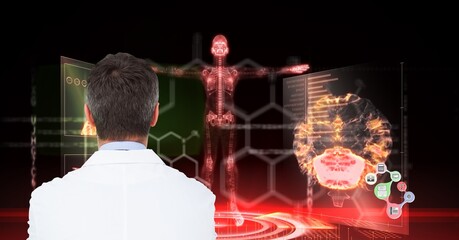 Composition on male doctor over screen with digital human body and medical data processing