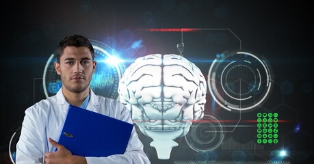 Composition on male doctor over screen with digital human brain and medical data processing