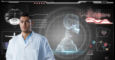 Composition on male doctor over screen with digital human skeleton and medical data processing