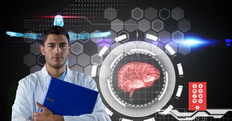 Composition on male doctor over screen with digital human brain and medical data processing