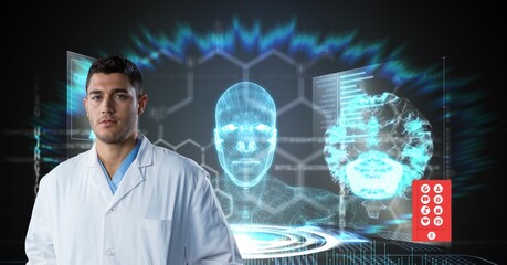 Composition on male doctor over screen with digital human brain and medical data processing