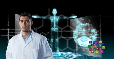 Composition on male doctor over screen with digital human brain and medical data processing