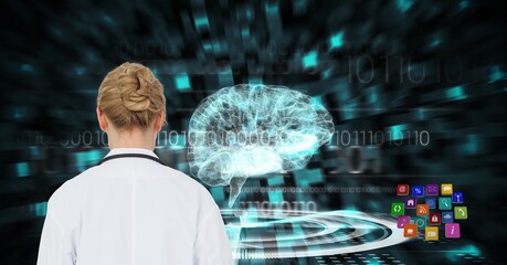 Composition on female doctor over screen with digital human brain and medical data processing