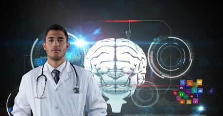 Composition on male doctor over screen with digital human brain and medical data processing