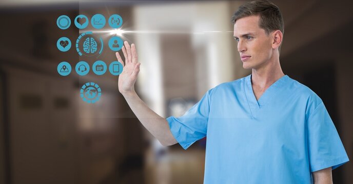 Composition Of Male Surgeon Touching Screen With Medical Icons