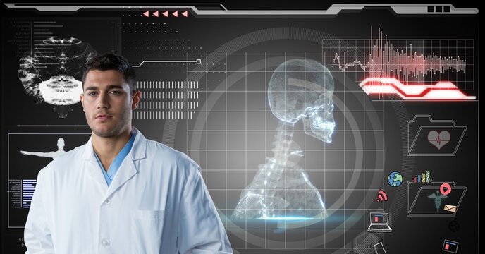 Composition on male doctor over screen with digital human skeleton and medical data processing