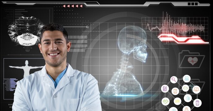 Composition on male doctor over screen with digital human skeleton and medical data processing