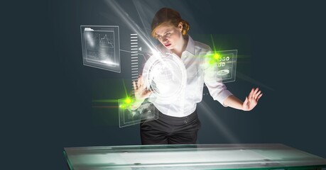 Composition of caucasian businesswoman touching screen with data processing