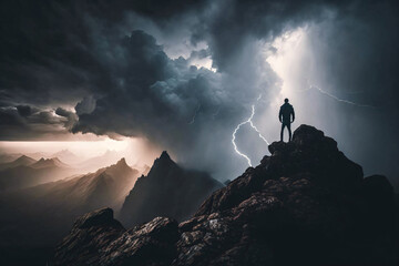 Hiker on top of a mountain with a thunderstorm approaching. Generative ai. 