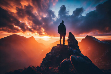 Hiker standing on top of a mountain during sunset. Generative ai. 