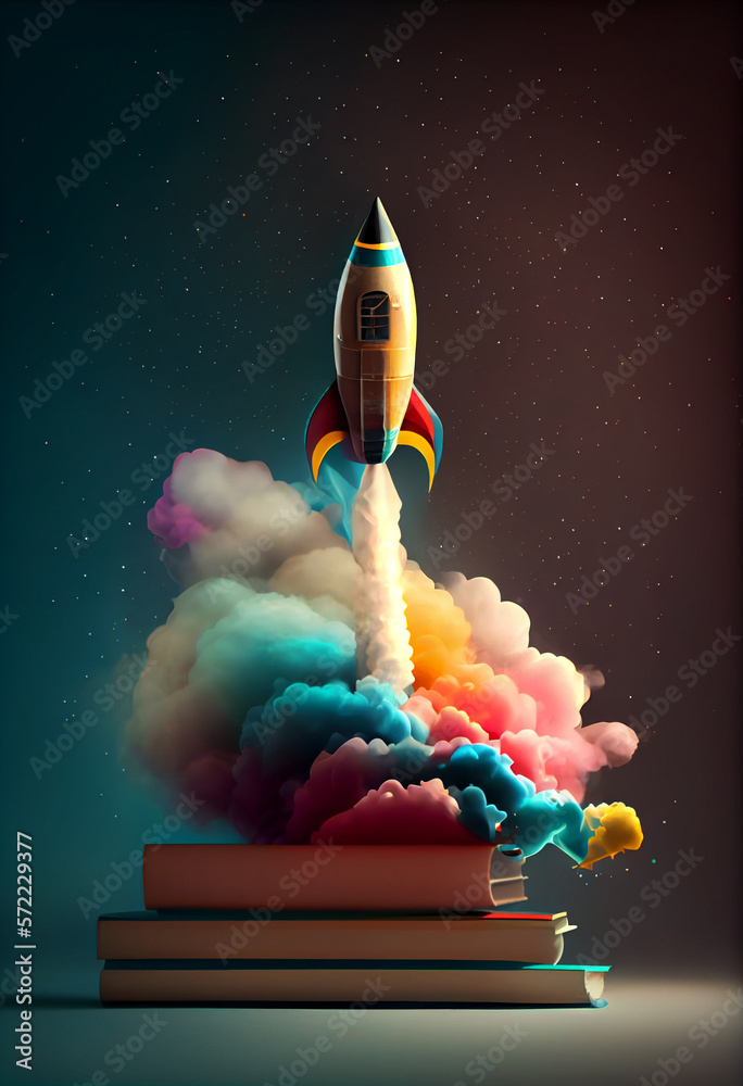 Aufkleber beautiful abstract illustrations on a bokeh background, a toy rocket launches from the books and beg
