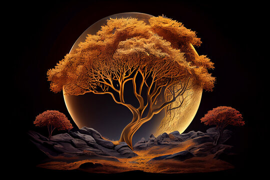 Fototapeta Beautiful abstract golden tree and moon concept