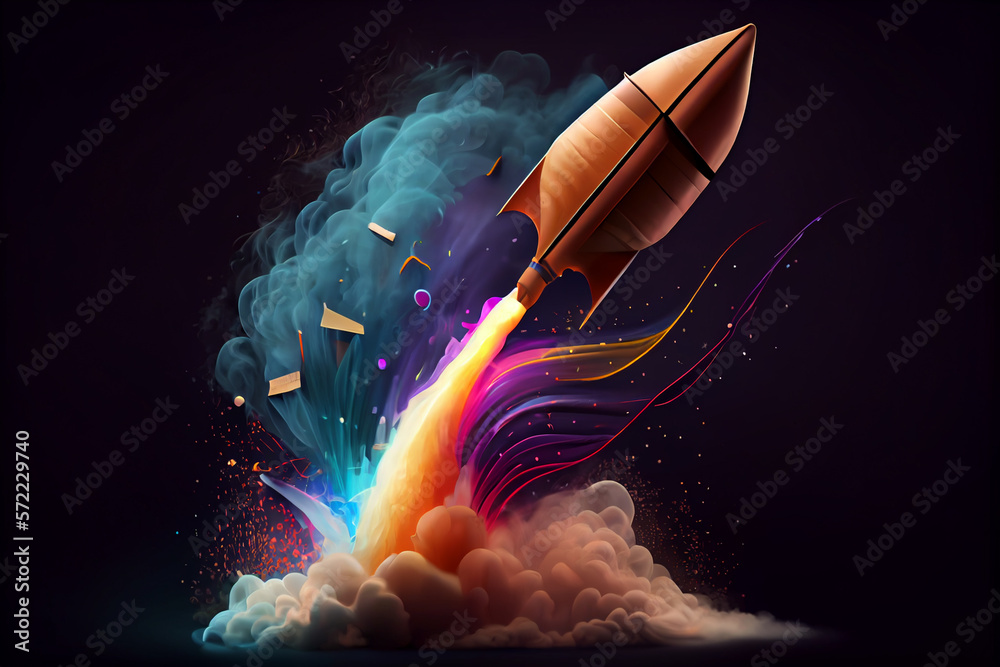 Aufkleber beautiful abstract illustrations on a bokeh background, a toy rocket launches from the books and beg