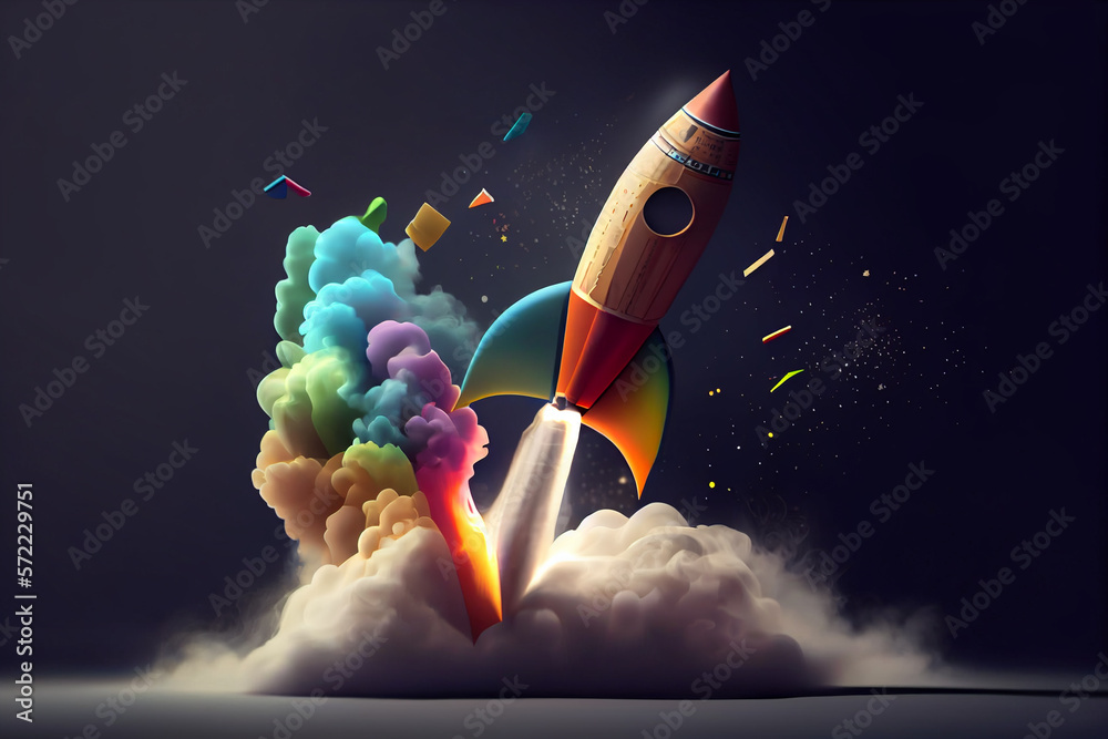 Poster beautiful abstract illustrations on a bokeh background, a toy rocket launches from the books and beg