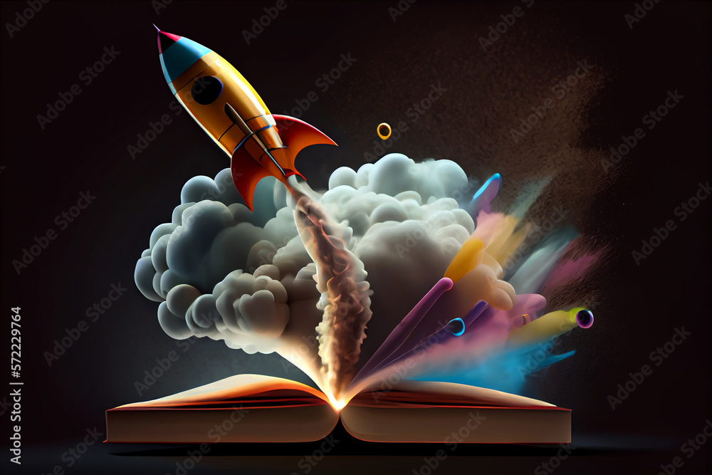 Poster beautiful abstract illustrations on a bokeh background, a toy rocket launches from the books and beg