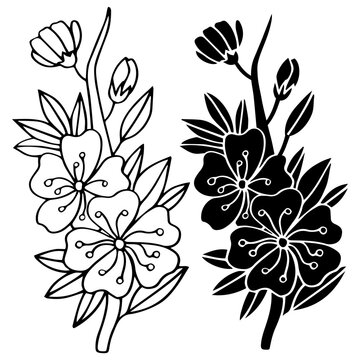 Sakura flower doodle icon. Back line isolated on white. One line contour floral drawing.Vector illustration