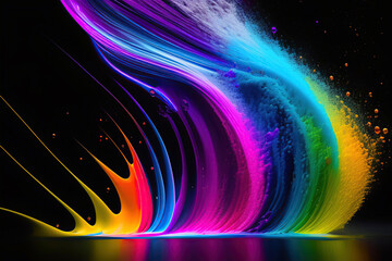 Ilustración generativa de IA de explosión de color con múltiples capas de pintura salpicada en diferentes tonos con  fondo oscuro. - obrazy, fototapety, plakaty