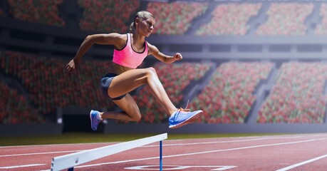 Caucasian female athlete jumping over a hurdle against sports stadium in background