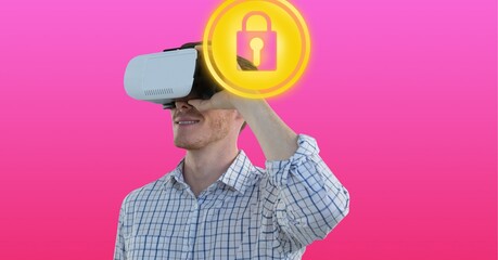 Composition of digital padlock icon with business man wearing vr headset