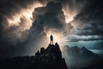 Silhouette of a hiker on top of a mountain during a thunderstorm. Generative ai. 