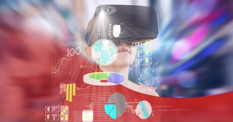 Composition of digital icons and data processing with girl wearing vr headset