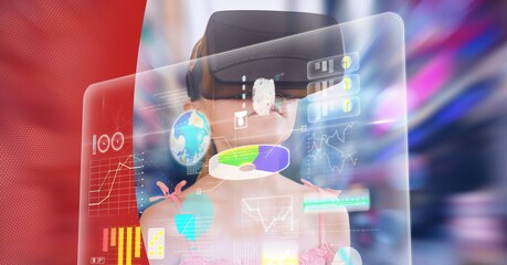 Composition of digital icons and data processing with girl wearing vr headset