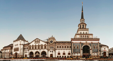 Fototapeta na wymiar Panorama of the buildings of the Kazan railway station on Komsomolskaya Square in Moscow, Russia