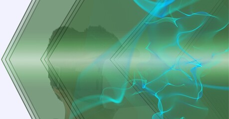 Composition of digital light trails with boy wearing vr headset