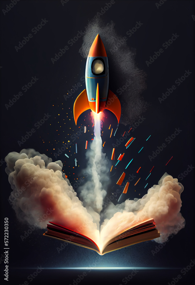 Poster beautiful abstract illustrations on a bokeh background, a toy rocket launches from the books and beg