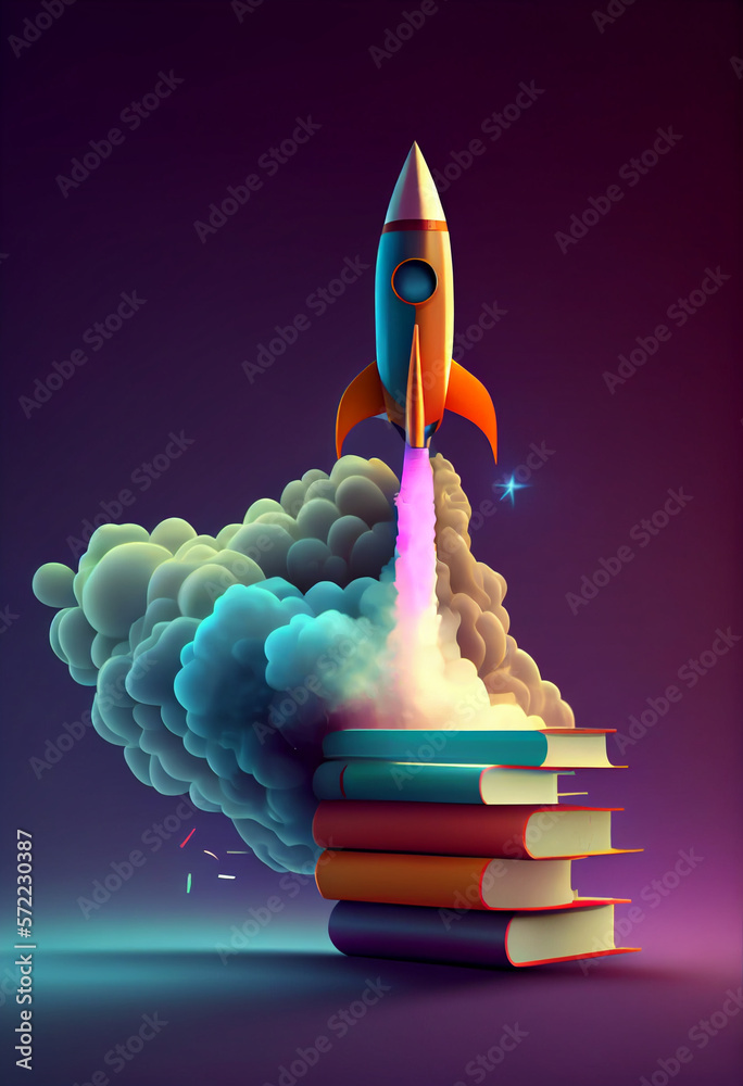 Poster beautiful abstract illustrations on a bokeh background, a toy rocket launches from the books and beg