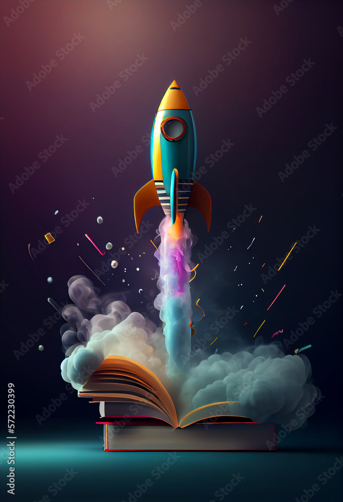 Poster beautiful abstract illustrations on a bokeh background, a toy rocket launches from the books and beg