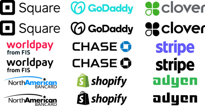 Set of logos on an transparent background: Stripe, Shopify, Clover, Adyen, Square, North American bancard, Worldpay, Chase, Go Daddy. PNG image
