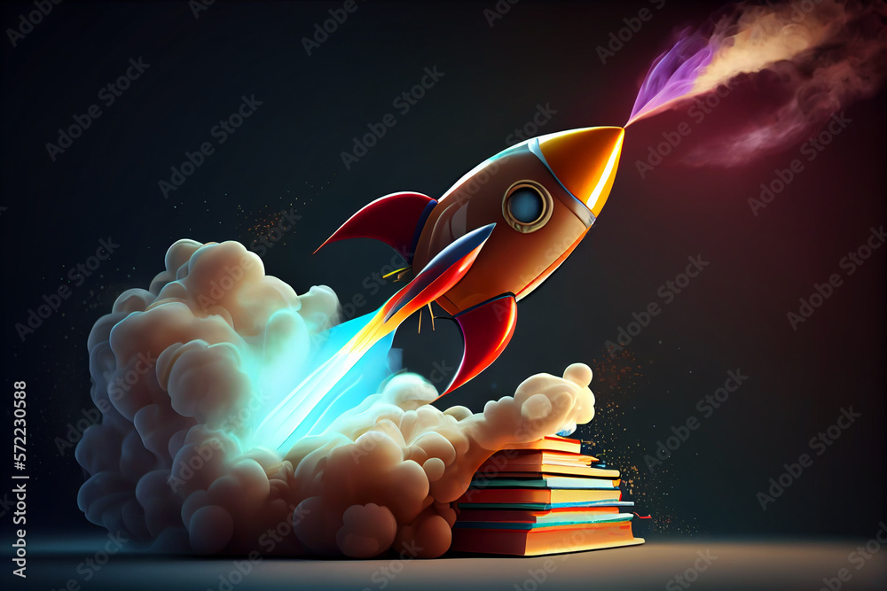 Poster beautiful abstract illustrations on a bokeh background, a toy rocket launches from the books and beg