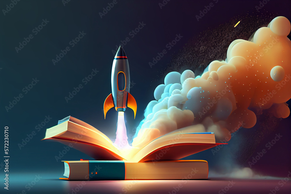 Poster beautiful abstract illustrations on a bokeh background, a toy rocket launches from the books and beg