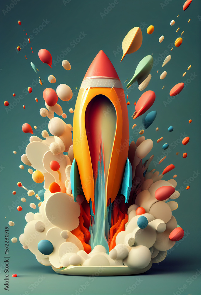 Poster beautiful abstract illustrations on a bokeh background, a toy rocket launches from the books and beg