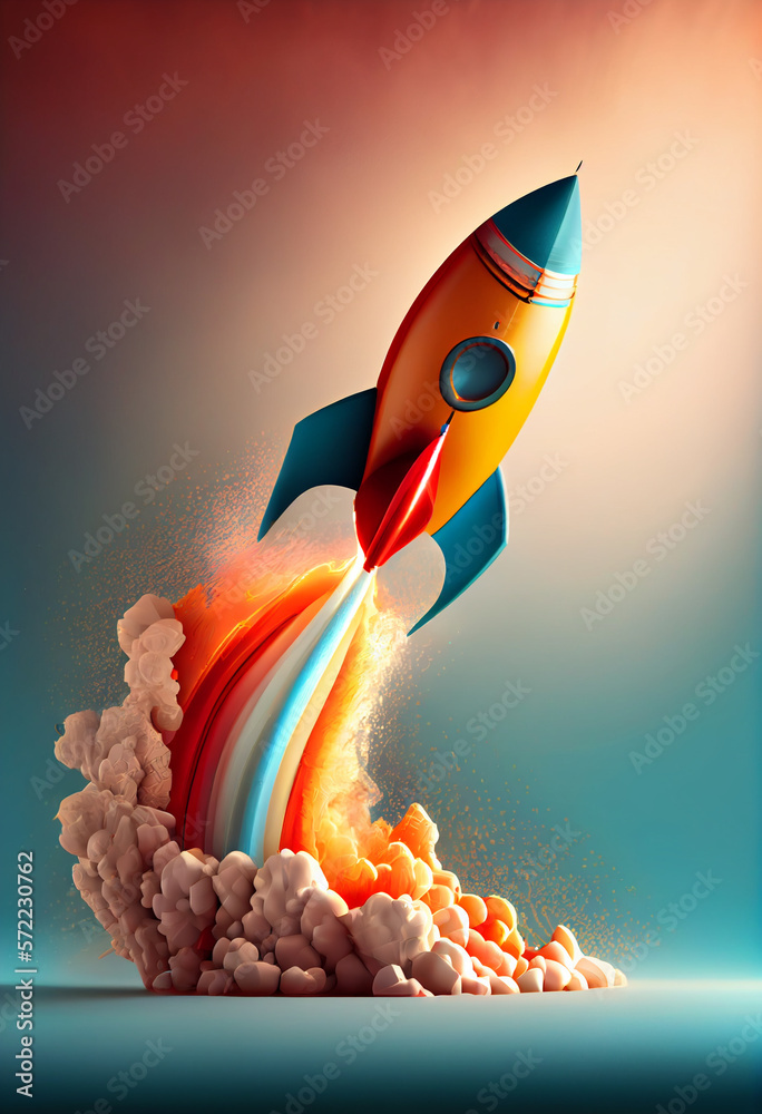 Poster beautiful abstract illustrations on a bokeh background, a toy rocket launches from the books and beg