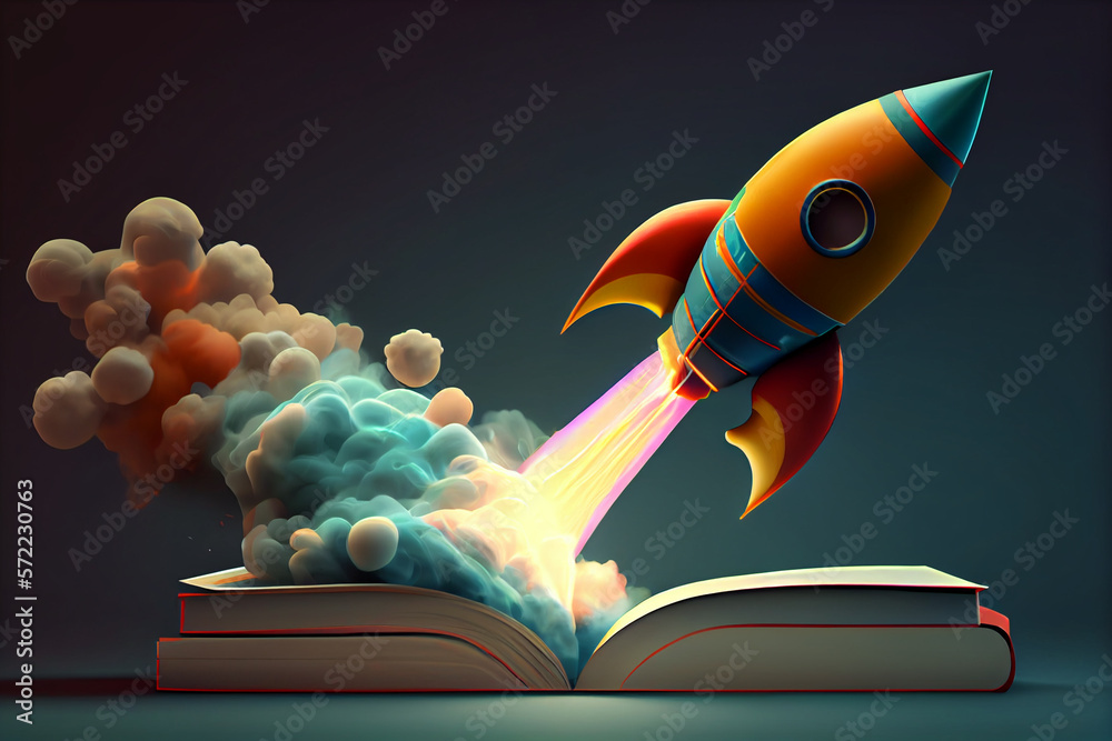 Aufkleber beautiful abstract illustrations on a bokeh background, a toy rocket launches from the books and beg