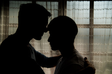 The shadow reflection of an LGBT couple in their private bedroom with a loving vibe between them.