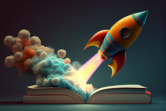 Beautiful abstract illustrations on a bokeh background, a toy rocket launches from the books and begins to spew smoke. Symbol of the thirst for knowledge and education. Illustration used in schools.