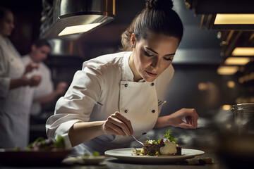Photogenic Woman Expertly Preparing a Dish in High-End Restaurant Kitchen. AI - obrazy, fototapety, plakaty