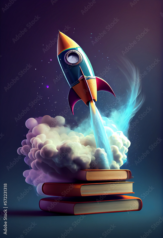 Poster beautiful abstract illustrations on a bokeh background, a toy rocket launches from the books and beg