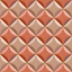 Abstract geometric seamless pattern of squares and circles. Stone tiles mosaic texture in pink, brown, gray colors, textured with gold curved lines