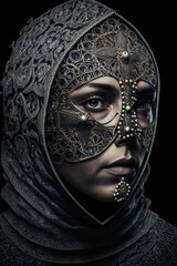 Woman wearing surreal black and turquoise ornamental carnival mask. Generative ai. 