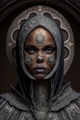 Woman wearing surreal black and turquoise ornamental carnival mask. Generative ai. 