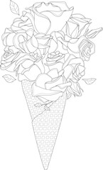Realistic rose flower bouquet in ice cream cone graphic sketch template. Vector illustration in black and white for games, background, pattern, decor. Coloring paper, page, story book, print