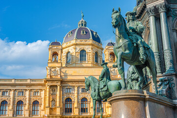 Fototapeta na wymiar Vienna, Austria - Memorial monument of Maria Theresa at Museums quartier between Art and Nature History museums, with statues, fountains and garden in Vienna historical downtown