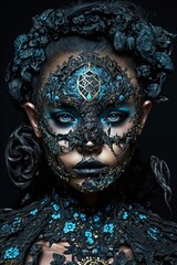 Woman wearing surreal black and turquoise ornamental carnival mask. Generative ai. 