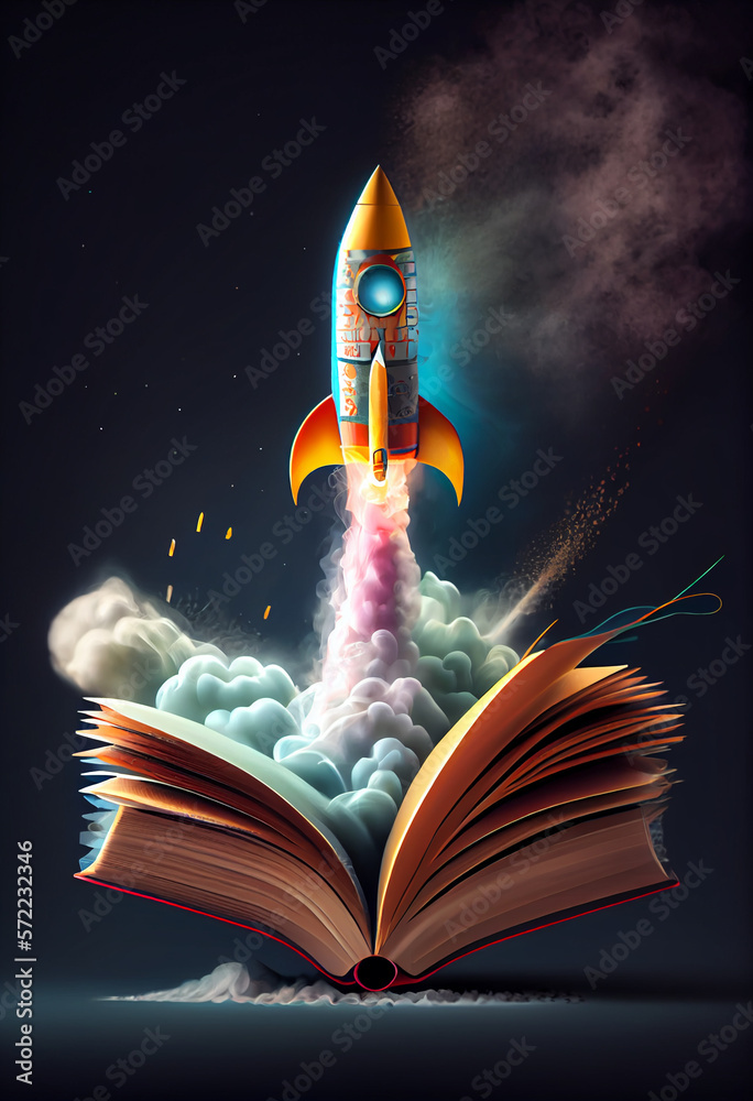 Poster beautiful abstract illustrations on a bokeh background, a toy rocket launches from the books and beg