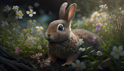 Beautiful photograph of gray and black rabbit in spring field.