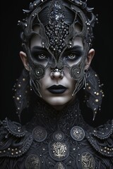 Fototapeta na wymiar Surreal dark art portrait of a woman with black ornamental mask. Generative ai. 